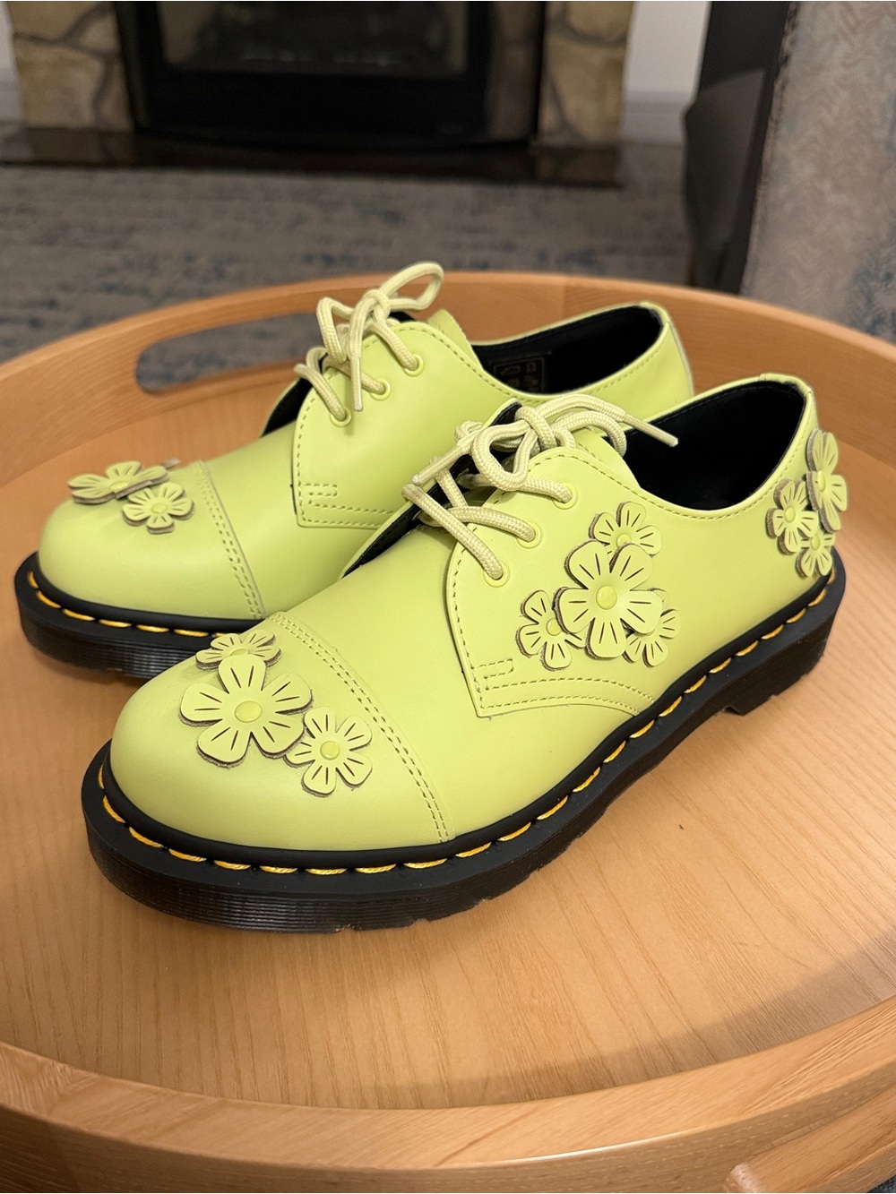 Dr Martens 1461 Flower Limelight Green Yellow Leather Oxford Shoes Women Size 8